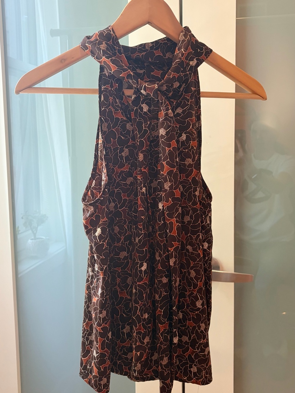 Brown Orange Floral Halter Neck Tie Sleeveless Blouse